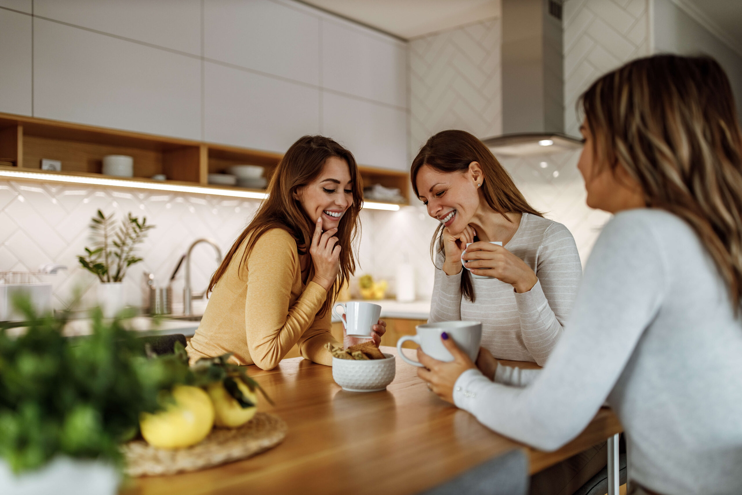 Middle age female friends happy in kitchen