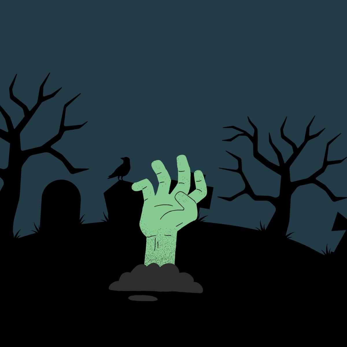 spooky green cartoon hand coming up from ground in dark graveyard spooky green cartoon hand coming up from ground in dark graveyard