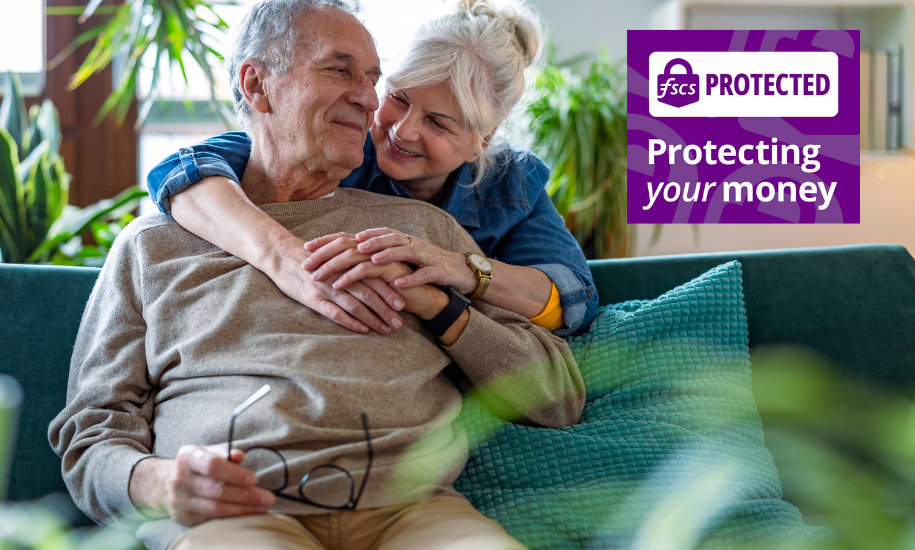 Couple hugging and the FSCS protected logo is shown