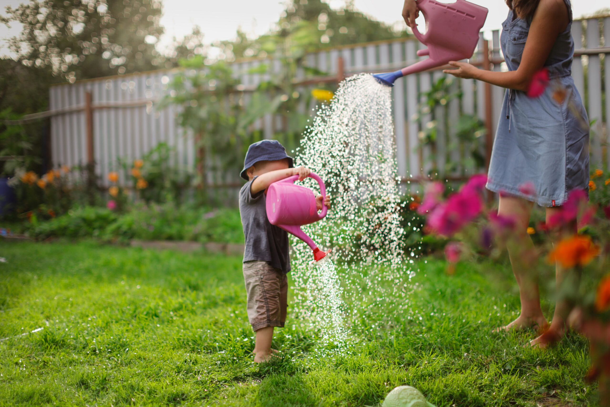 A young boy with a pink water can.