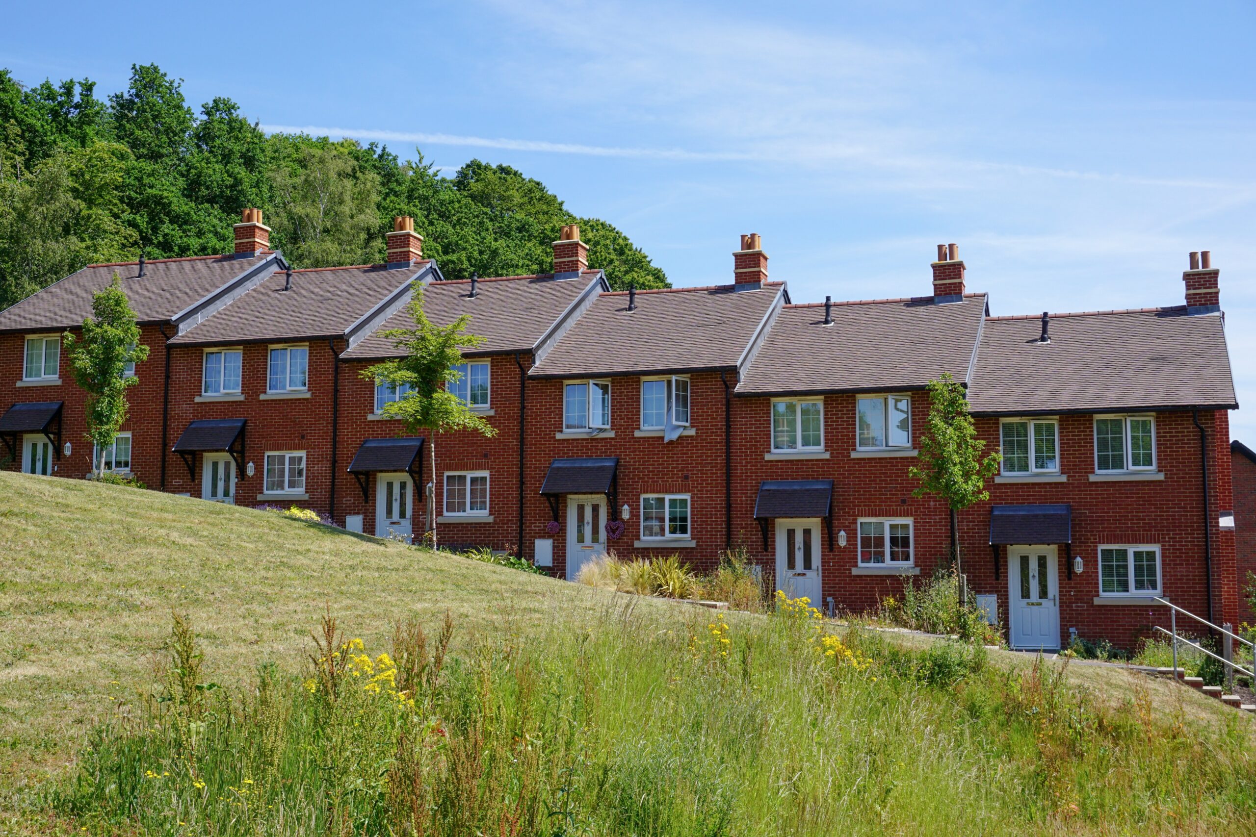 Row of terraced houses over a grass verge