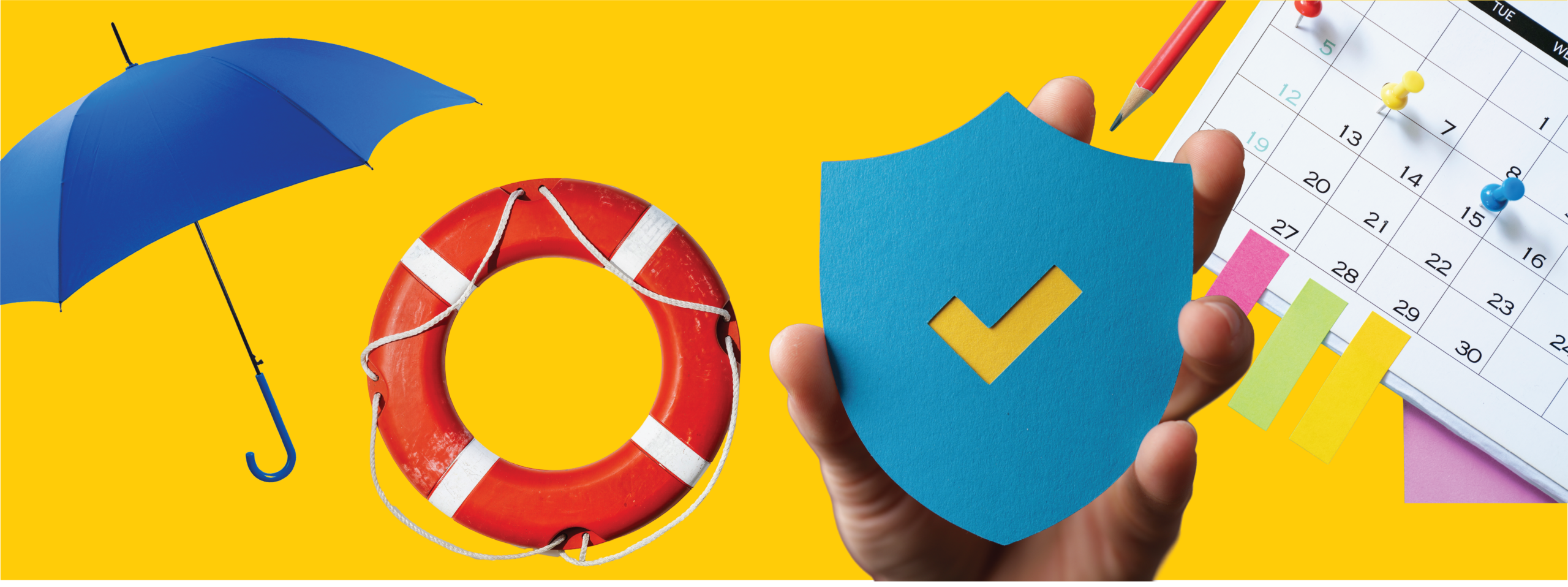 A summer themed graphic depicting an umbrella, a lifebuoy and a shield.