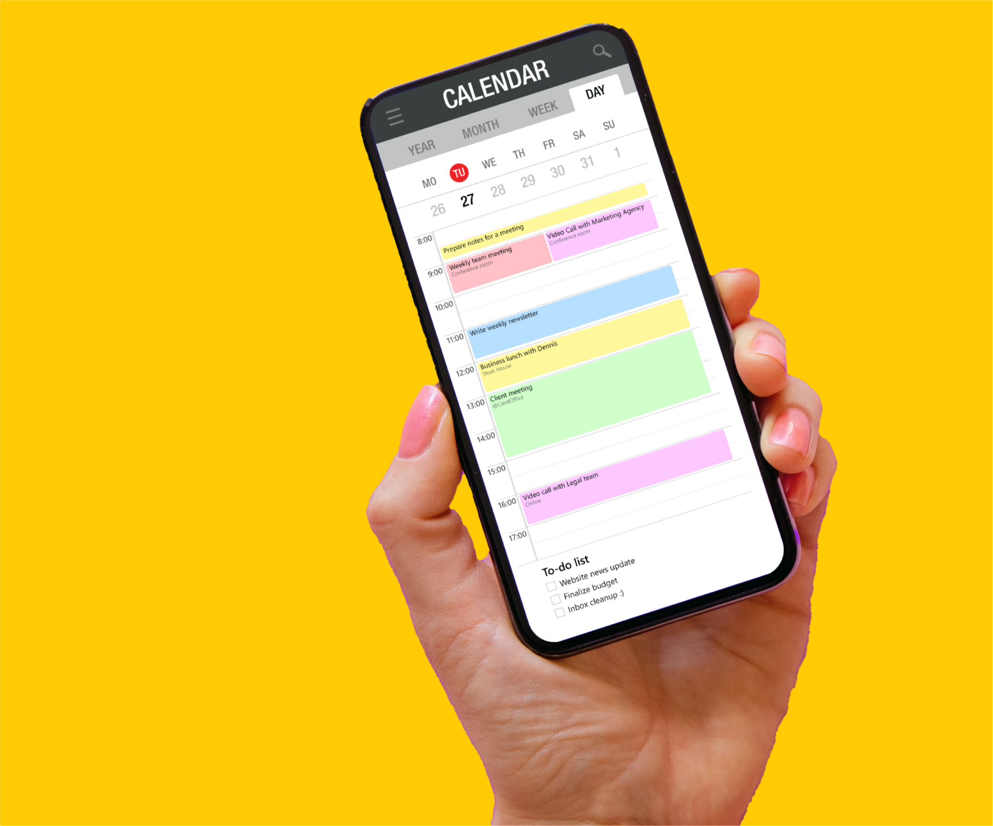 Yellow image of a person holding their phone with the calendar app open